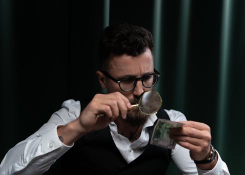 Focused adult inspecting a banknote closely with a magnifying glass indoors.